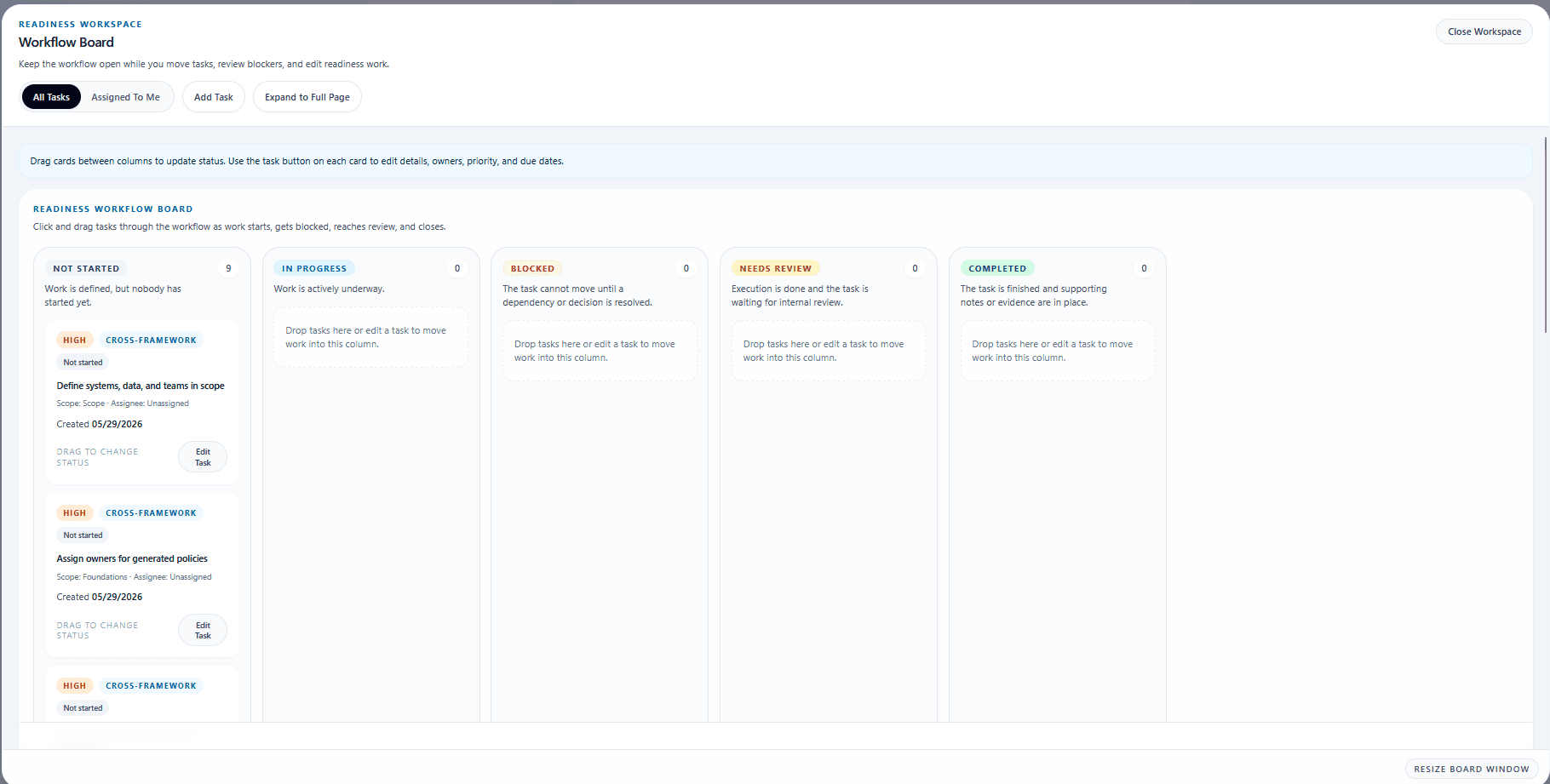 Customer portal task board showing readiness work across not started, in progress, blocked, needs review, and completed columns